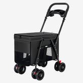 Black foldable pet stroller with mesh sides, four double wheels, and a handlebar featuring cup holders.