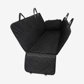 Black quilted Oxford fabric backseat car cover with adjustable straps for pet and seat protection.
