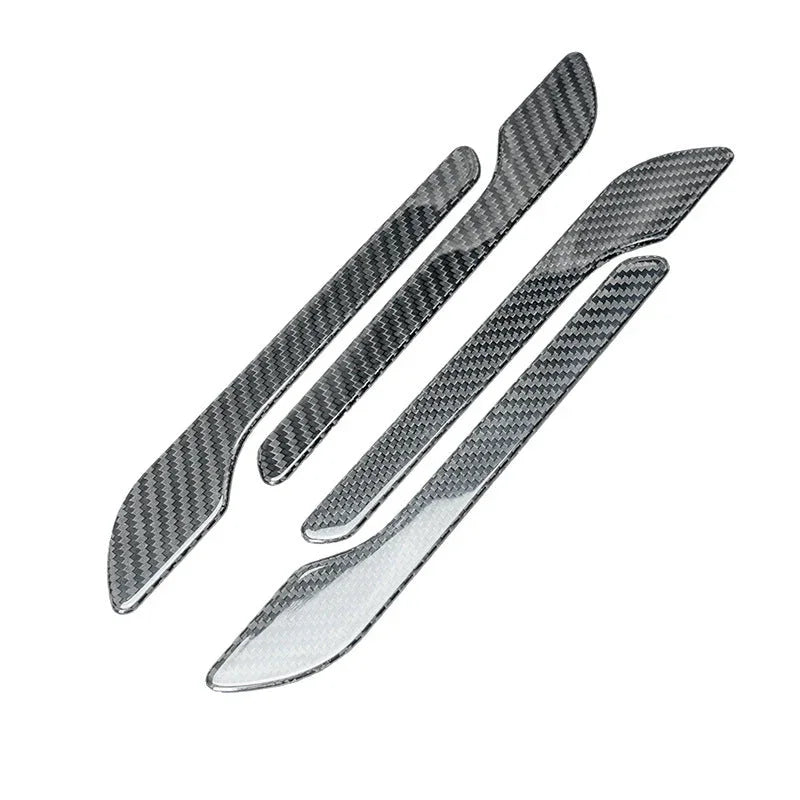 Real carbon fibre door handle wrap covers for Tesla Model 3 (2024–2025) and Model Y (2025 Juniper), shown in a four-piece set on a white background.