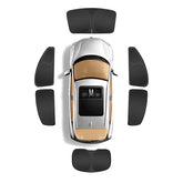 Top-down view of a car with sunshade components displayed around it on a white background.