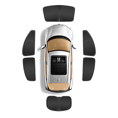 Top-down view of a car with sunshade components displayed around it on a white background.