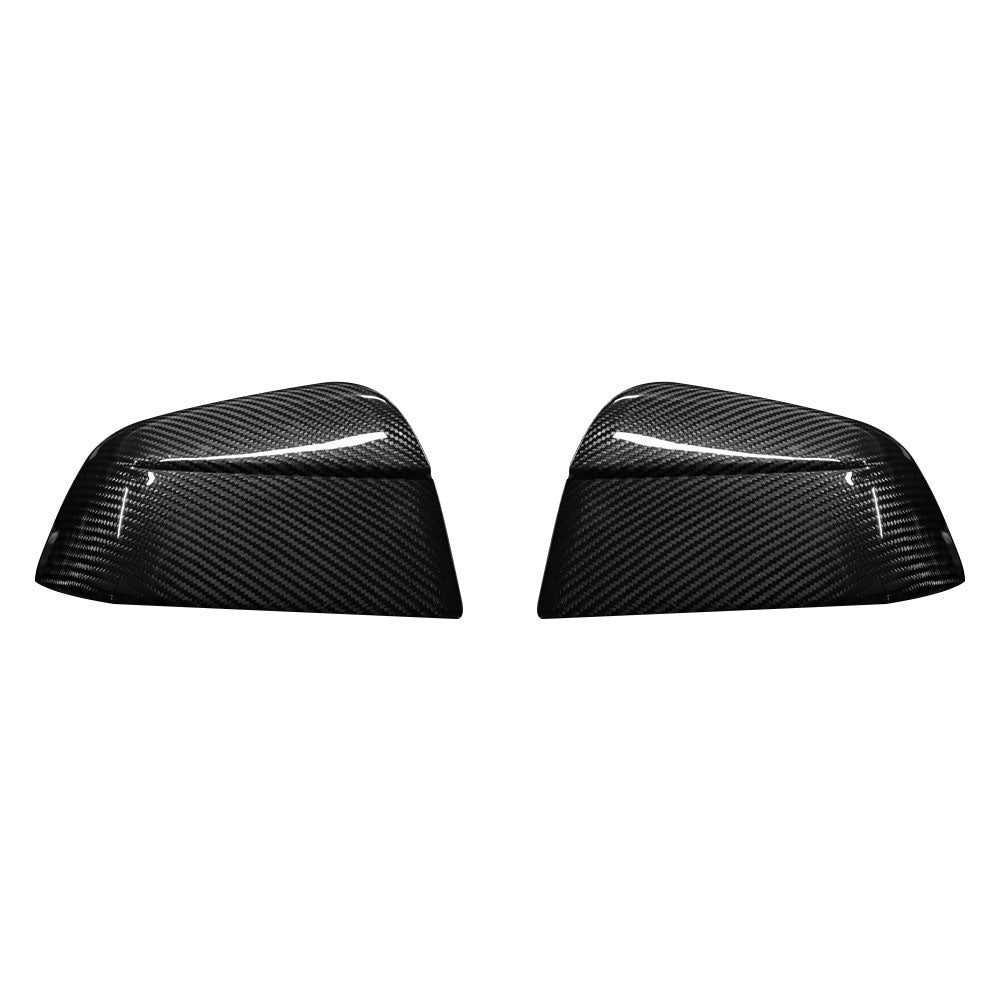 Genuine carbon fibre rear view mirror covers for the 2025 Tesla Model Y Juniper, shown as a high-gloss pair on a white background.