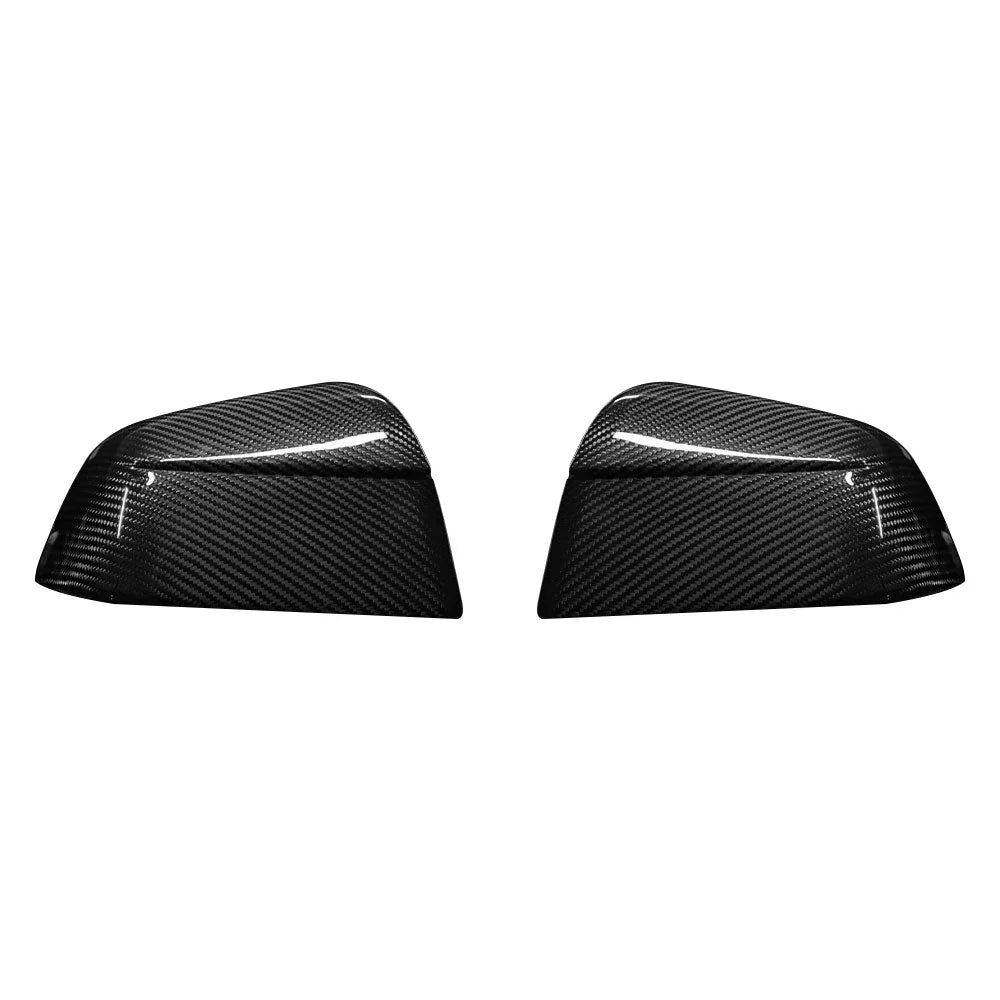 Genuine carbon fibre rear view mirror covers for the 2025 Tesla Model Y Juniper, shown as a high-gloss pair on a white background.