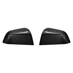 Genuine carbon fibre rear view mirror covers for the 2025 Tesla Model Y Juniper, shown as a high-gloss pair on a white background.