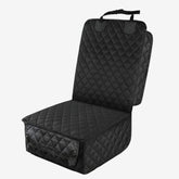 Black quilted single car seat cover with adjustable headrest strap and protective side flaps.