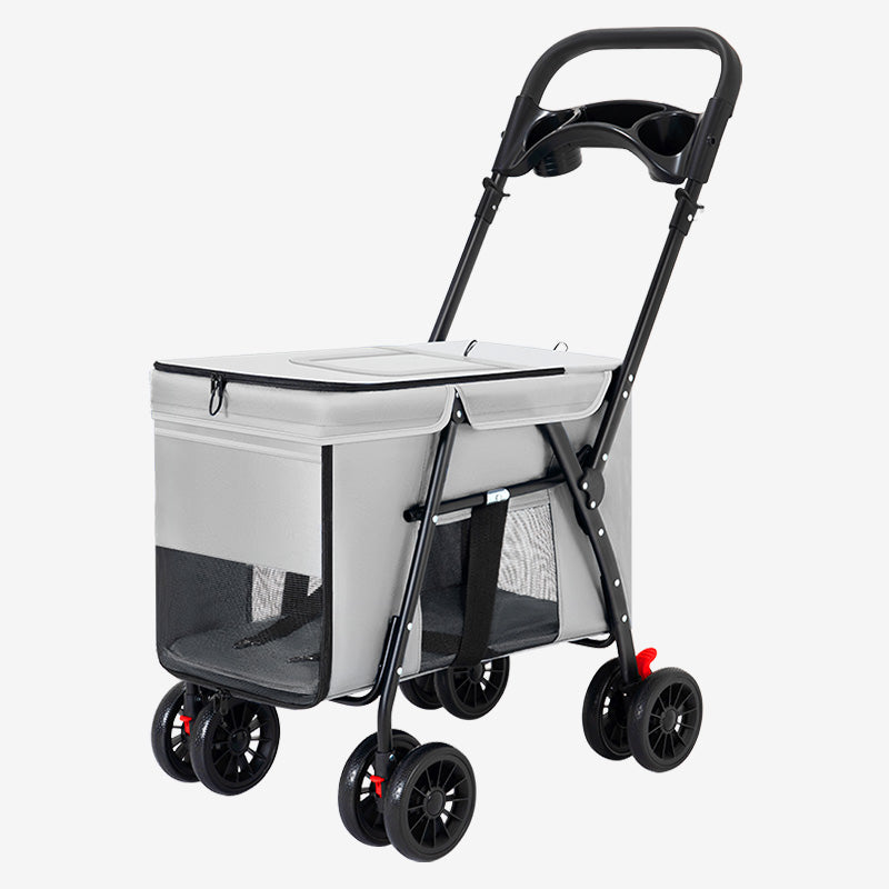 Grey foldable pet stroller with mesh sides, four double wheels, and a handlebar featuring cup holders.