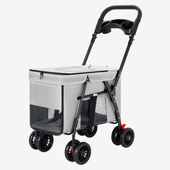 Grey foldable pet stroller with mesh sides, four double wheels, and a handlebar featuring cup holders.