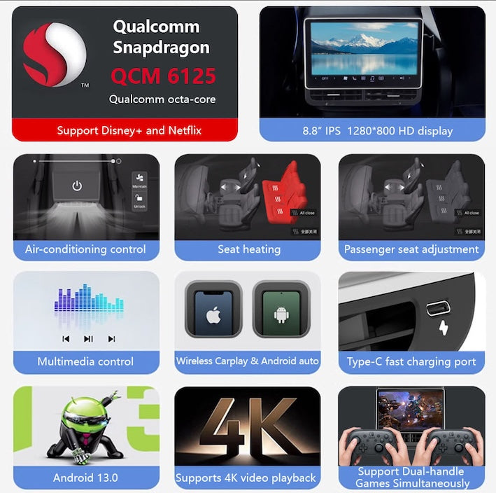 8.8'' Andriod Rear Entertainment Screen (New) For Tesla Model 3 (2018-2023)/Model Y (2022-2026)