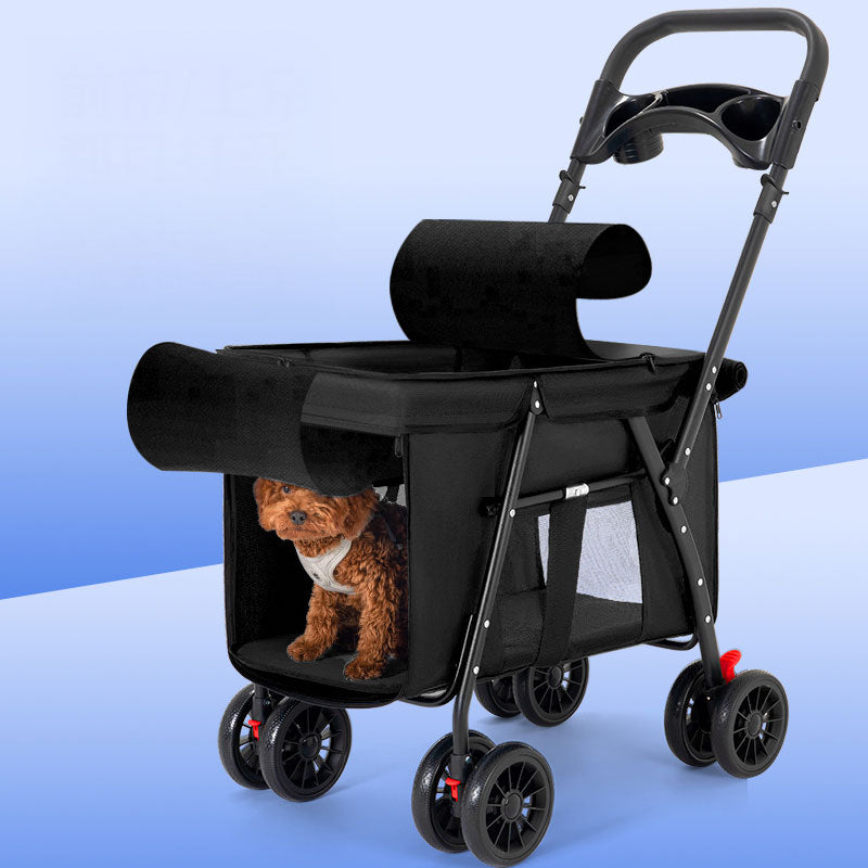 Black foldable pet stroller with mesh sides, four double wheels, and a handlebar featuring cup holders.
