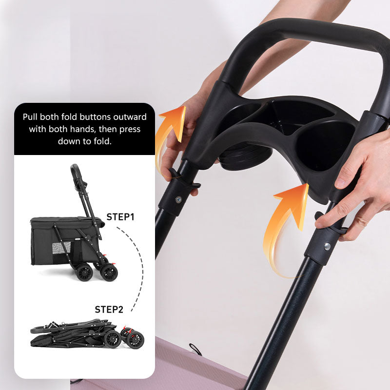 Black foldable pet stroller with mesh sides, four double wheels, and a handlebar featuring cup holders.