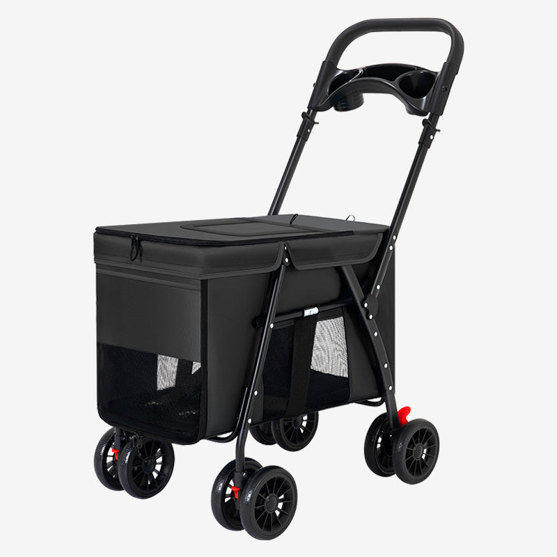 Black foldable pet stroller with mesh sides, four double wheels, and a handlebar featuring cup holders.