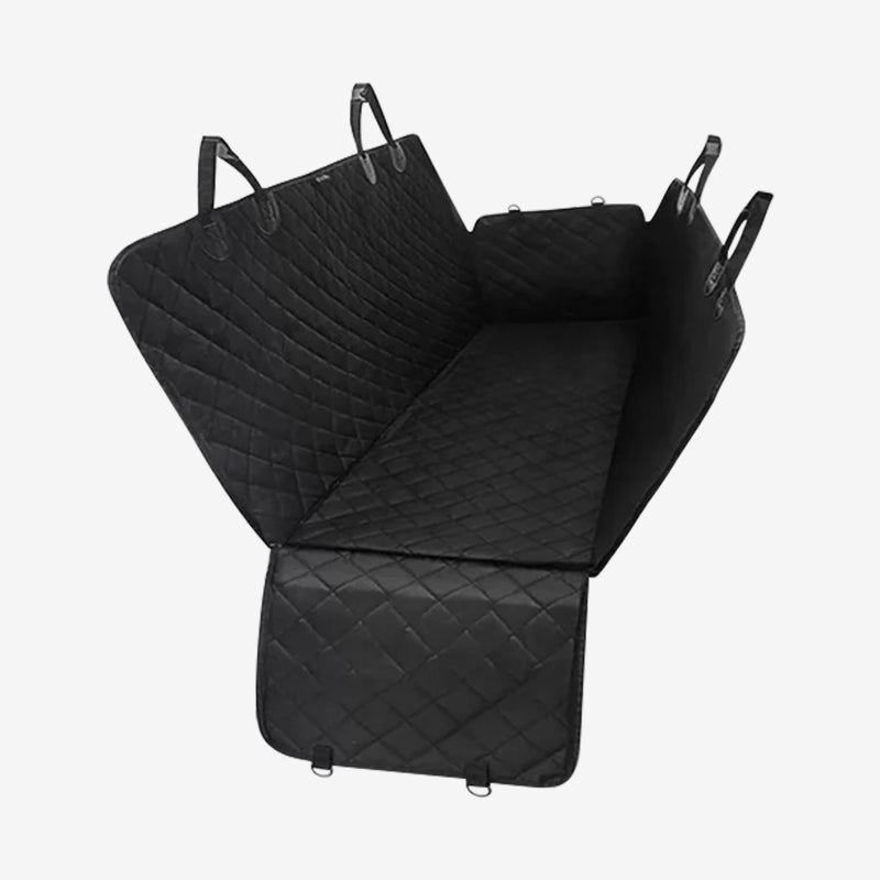 Black quilted Oxford fabric backseat car cover with adjustable straps for pet and seat protection.