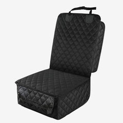 Black quilted single car seat cover with adjustable headrest strap and protective side flaps.