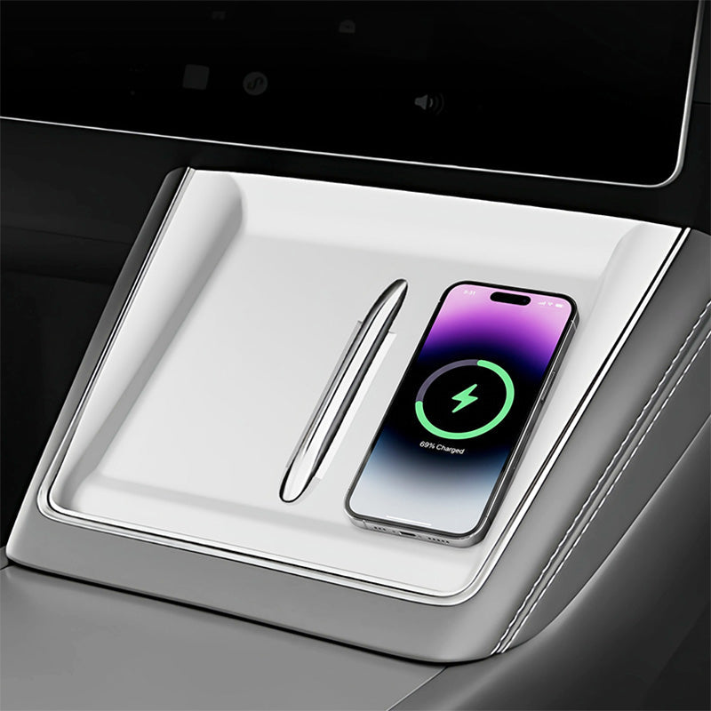 Phone charging on the silicone wireless charging liner in Model Y L